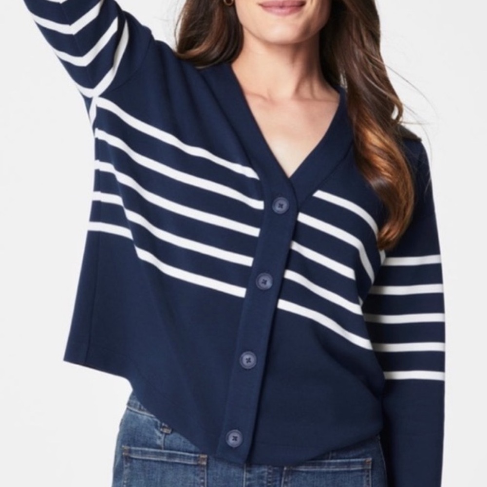 SPANX Air essentials Navy and White Striped Button-Front Cardigan